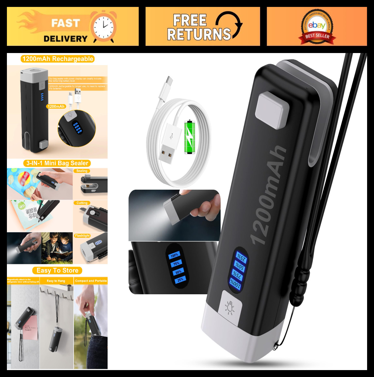 3-in-1 Mini Bag Sealer & Cutter, USB-C Rechargeable Heat Seal for Food Storage,