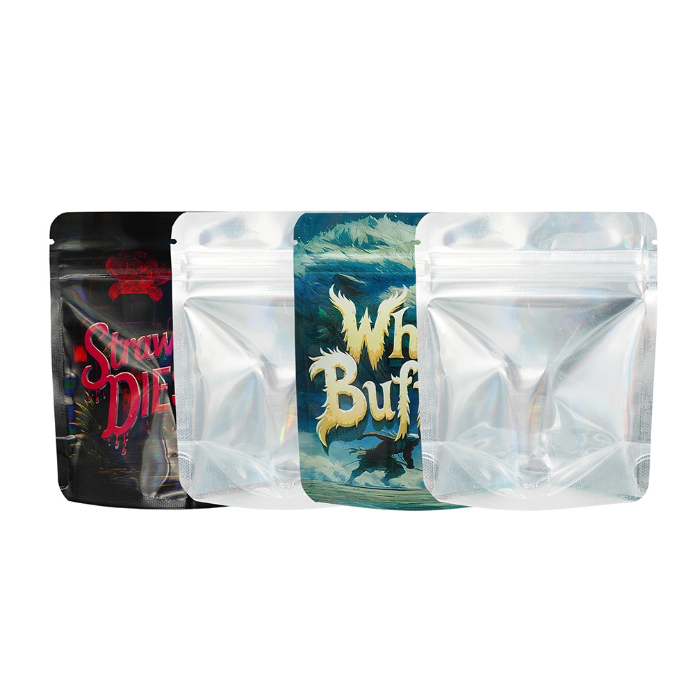 3.5g Printed Holographic Mylar Bags 4x5in Resealable Stand Zipper Pouches White