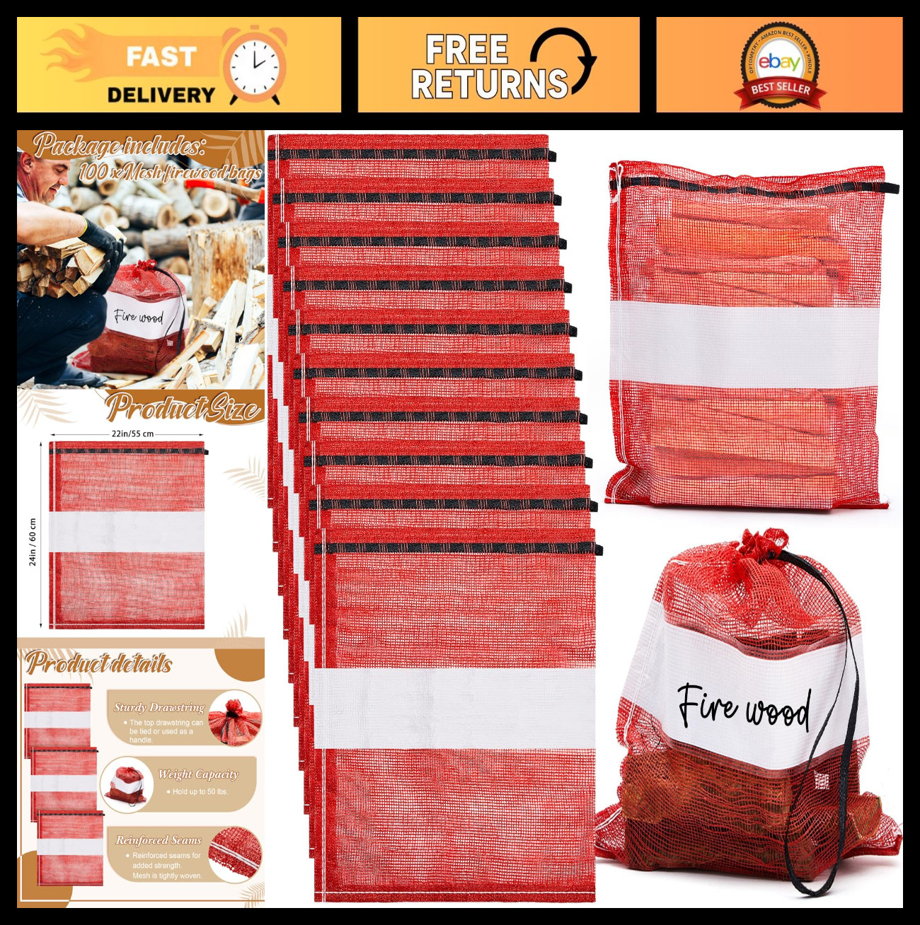 100 Pcs Reusable Mesh Onion & Potato Storage Bags with Drawstring – 22×24 Inch