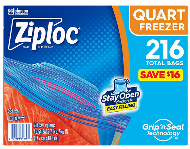 Ziploc Easy Open Tabs Freezer Quart Bags with New Stay Open Design, 216 Ct.