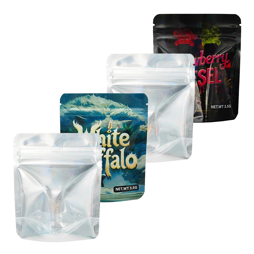 3.5g Printed Holographic Mylar Bags 4x5in Resealable Stand Zipper Pouches White