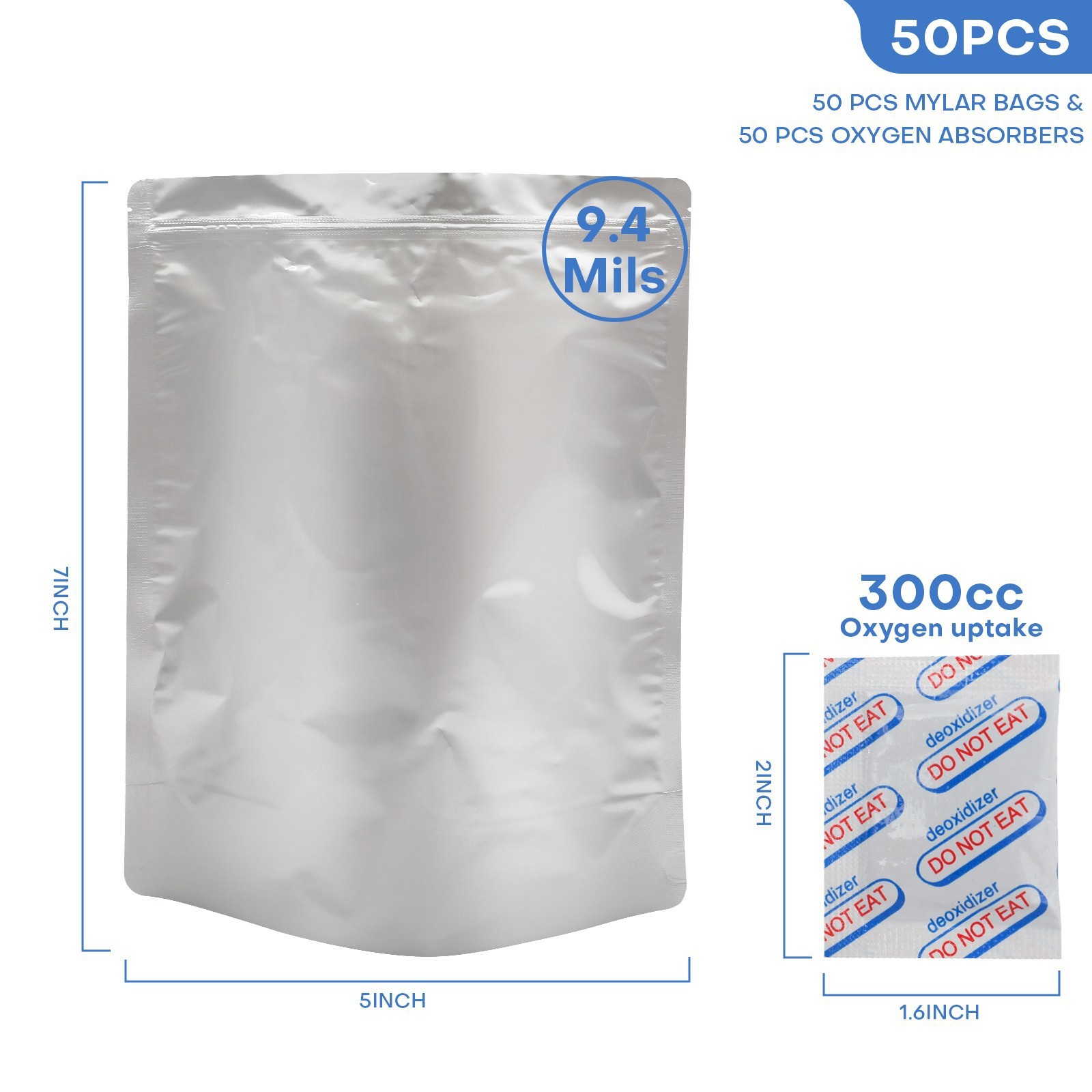 50-150 Mylar Stand-Up Bags for Food Storage 9Mil Thick w/ Oxygen Absorbers 300cc