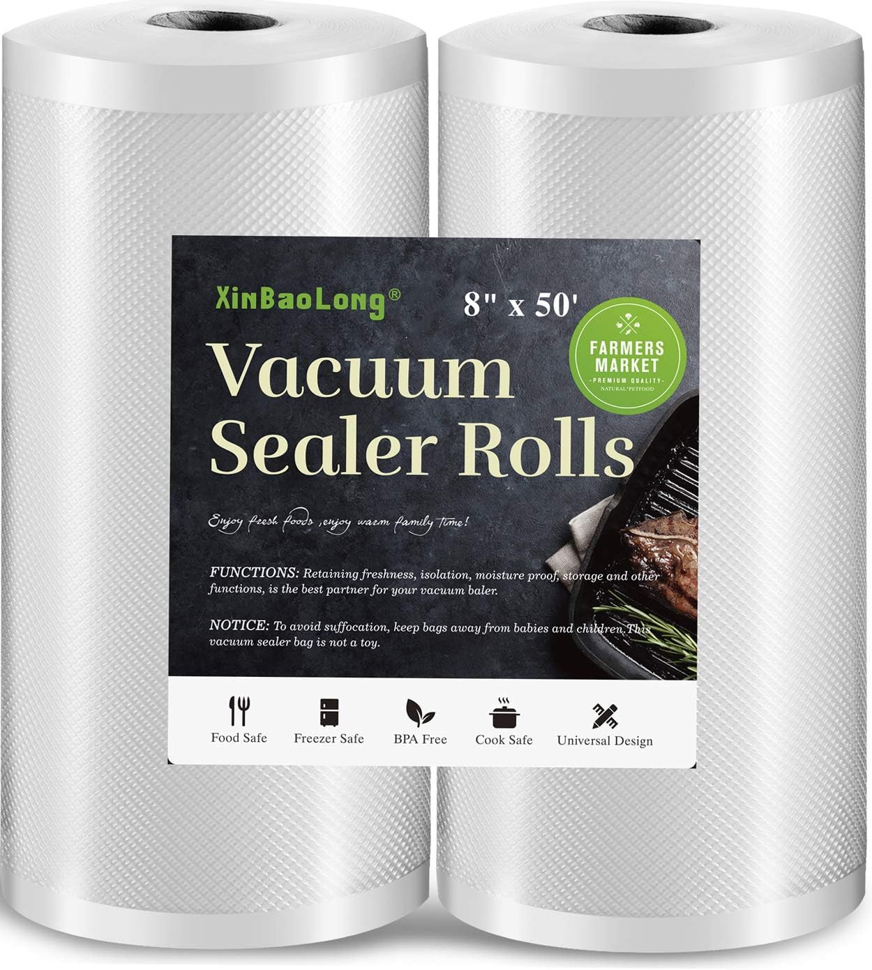 Vacuum Sealer Bags for Food，Seal a Meal Bags Rolls，8Inx50 Rolls 2 Pack，，Comme…