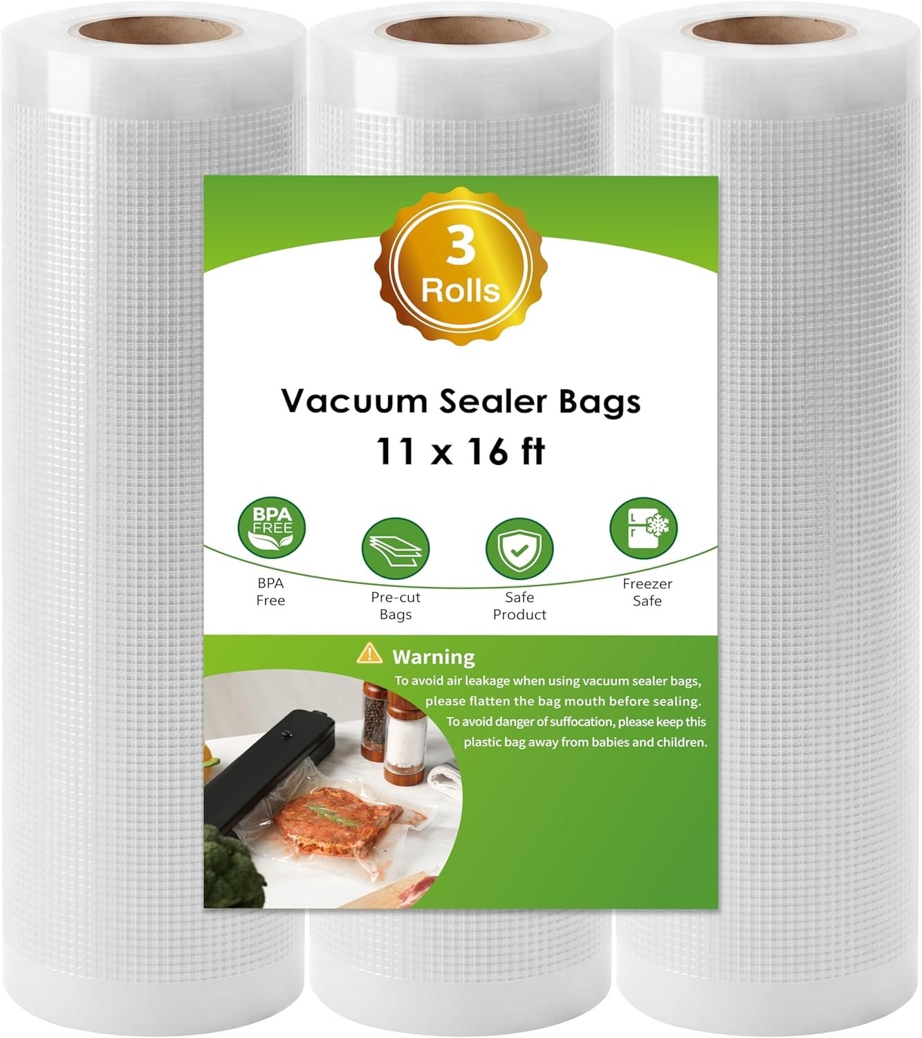 3 Rolls Pack Vacuum Sealer Vac Bags 11″ X 16′ Rolls for Food Saver Seal a Meal