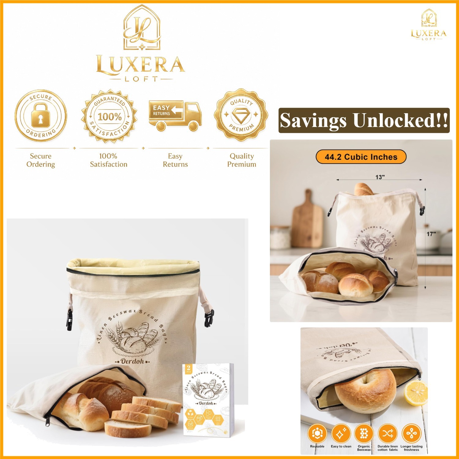 XL Organic Beeswax Linen Cotton Bread Bags 2-Pack Reusable & Airtight