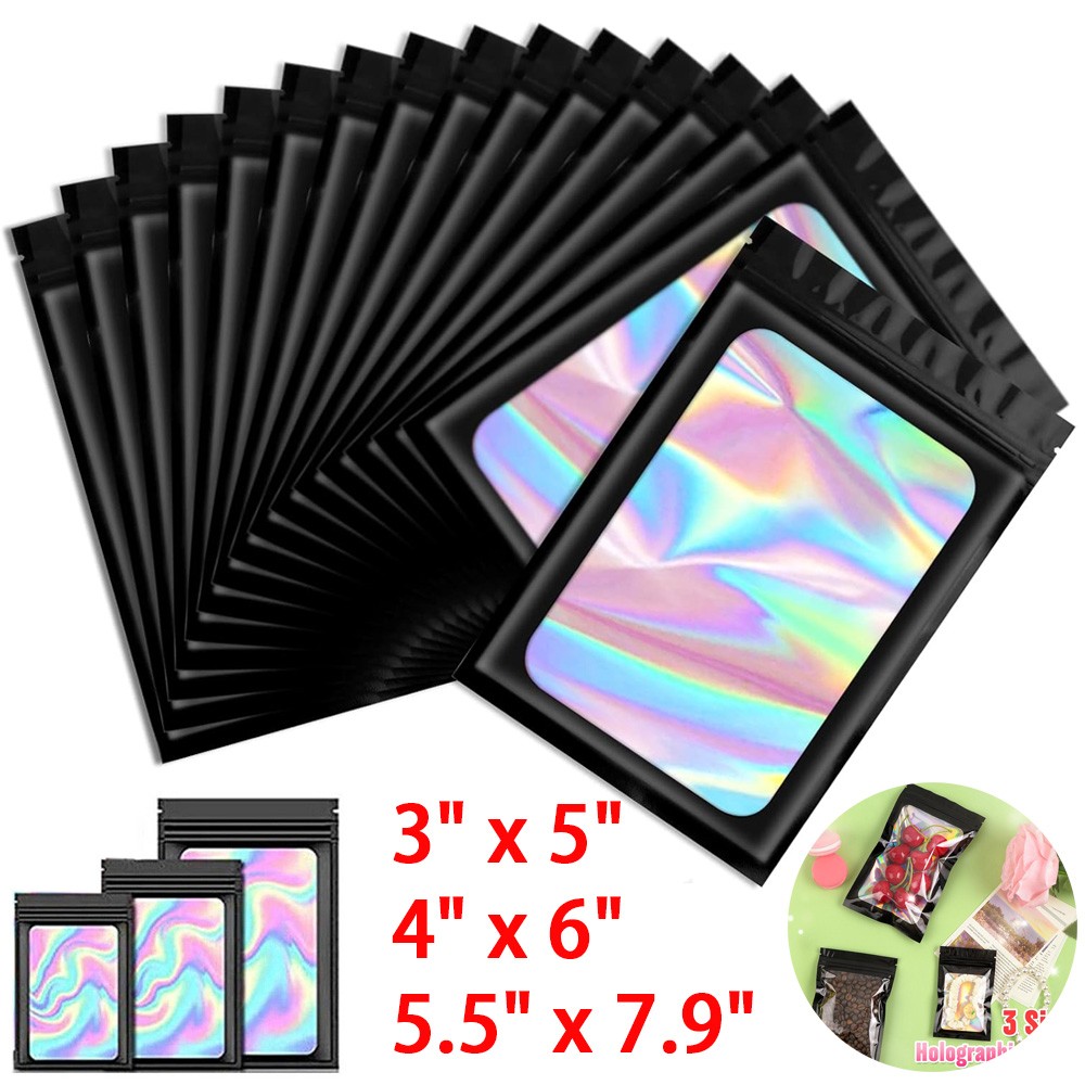 100/200Pcs Holographic Mylar Foil Bags Smell Proof Resealable Zip Seal Pouches