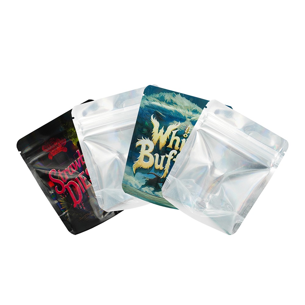 3.5g Printed Holographic Mylar Bags 4x5in Resealable Stand Zipper Pouches White
