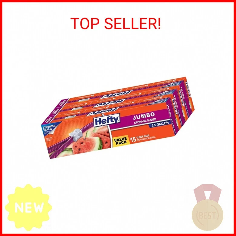 Hefty Slider Jumbo Storage Bags, 2.5 Gallon Size, 15 Count (Pack of 3), 45 Total
