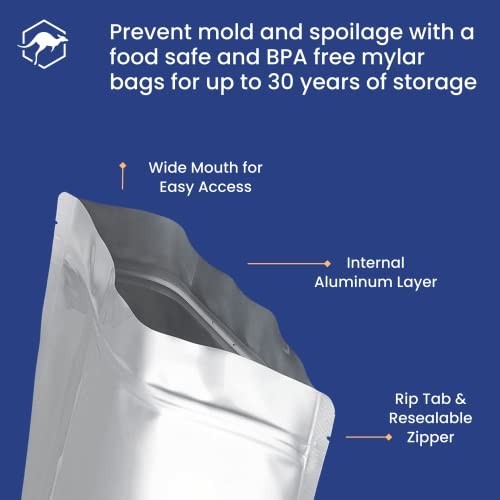 50 Count Mylar Bags 1-Quart with Labels, 12 Mil Thick, Airtight Food Storage Pou