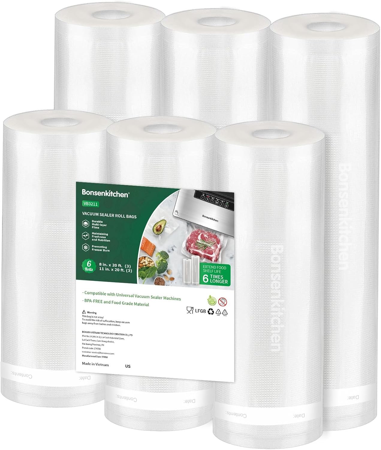 Bonsenkitchen Vacuum Sealer Rolls Bags, 6 Pack 3 Rolls 11″ x 20′ + 3 Rolls 8″ x