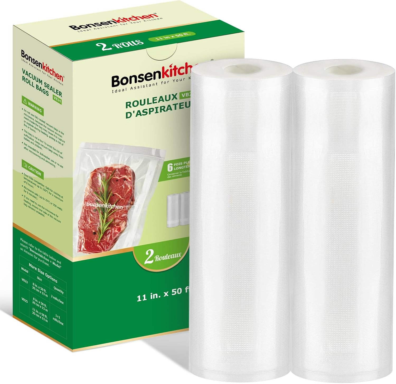Vacuum Sealer Bags Rolls, 11 in X 50 Ft Rolls 2 Pack Durable Food Sealer Bags, C