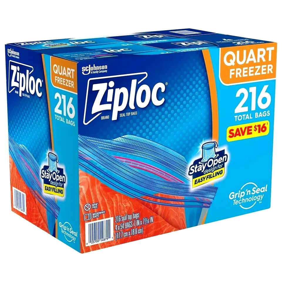 Ziploc Easy Open Tabs Freezer Quart Bags with New Stay Open Design, 216 ct. NEW