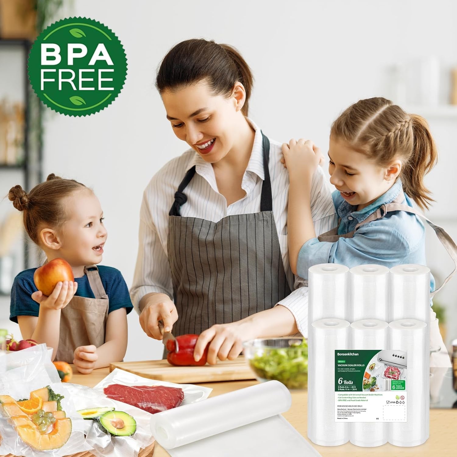 Bonsenkitchen Vacuum Sealer Rolls Bags, 6 Pack 3 Rolls 11″ x 20′ + 3 Rolls 8″ x