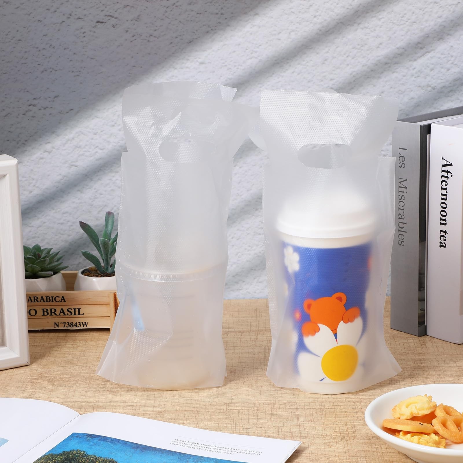 1000 PCS Clear Cup Carrier Delivery Plastic Bag Single Handle Portable 6×11