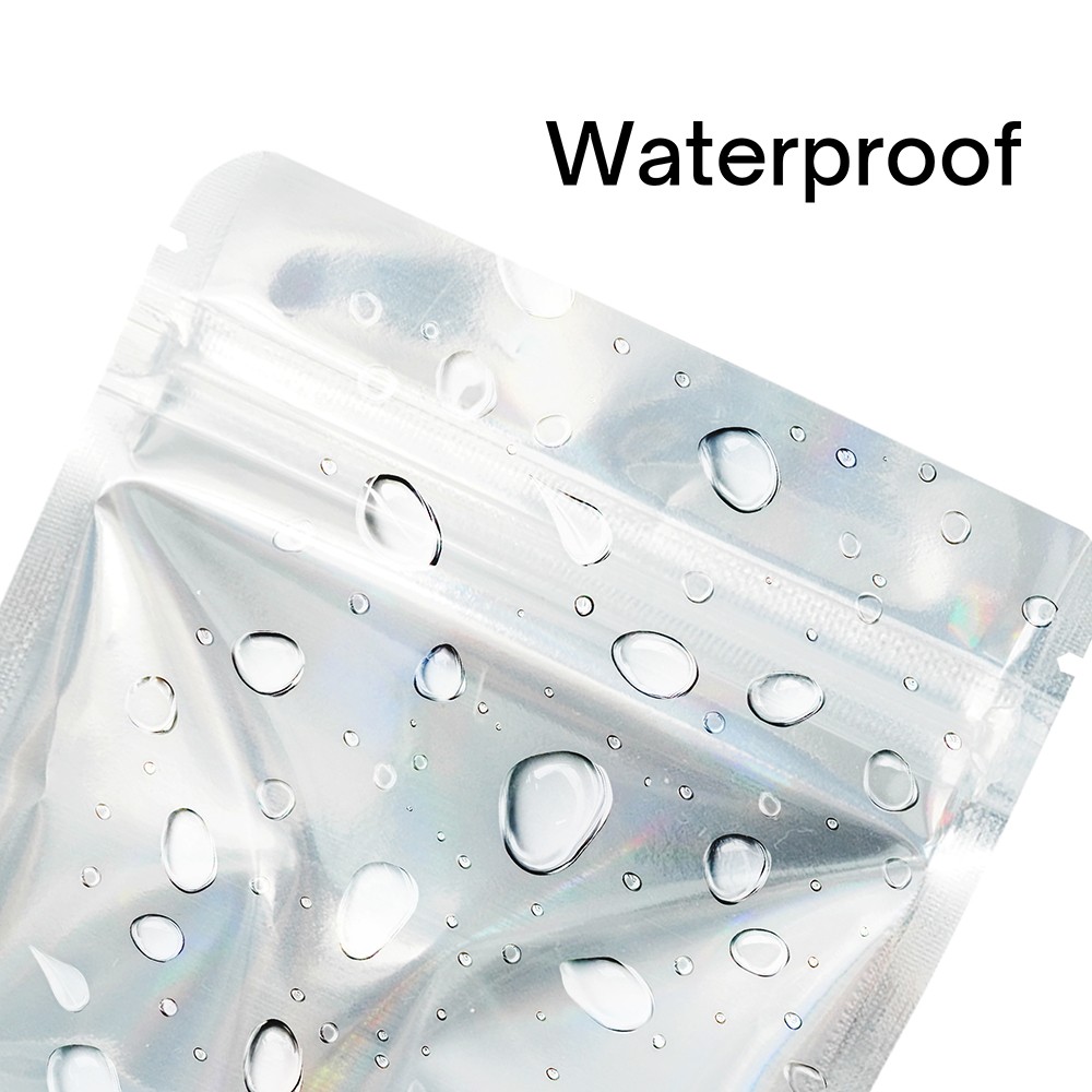 3.5g Printed Holographic Mylar Bags 4x5in Resealable Stand Zipper Pouches White