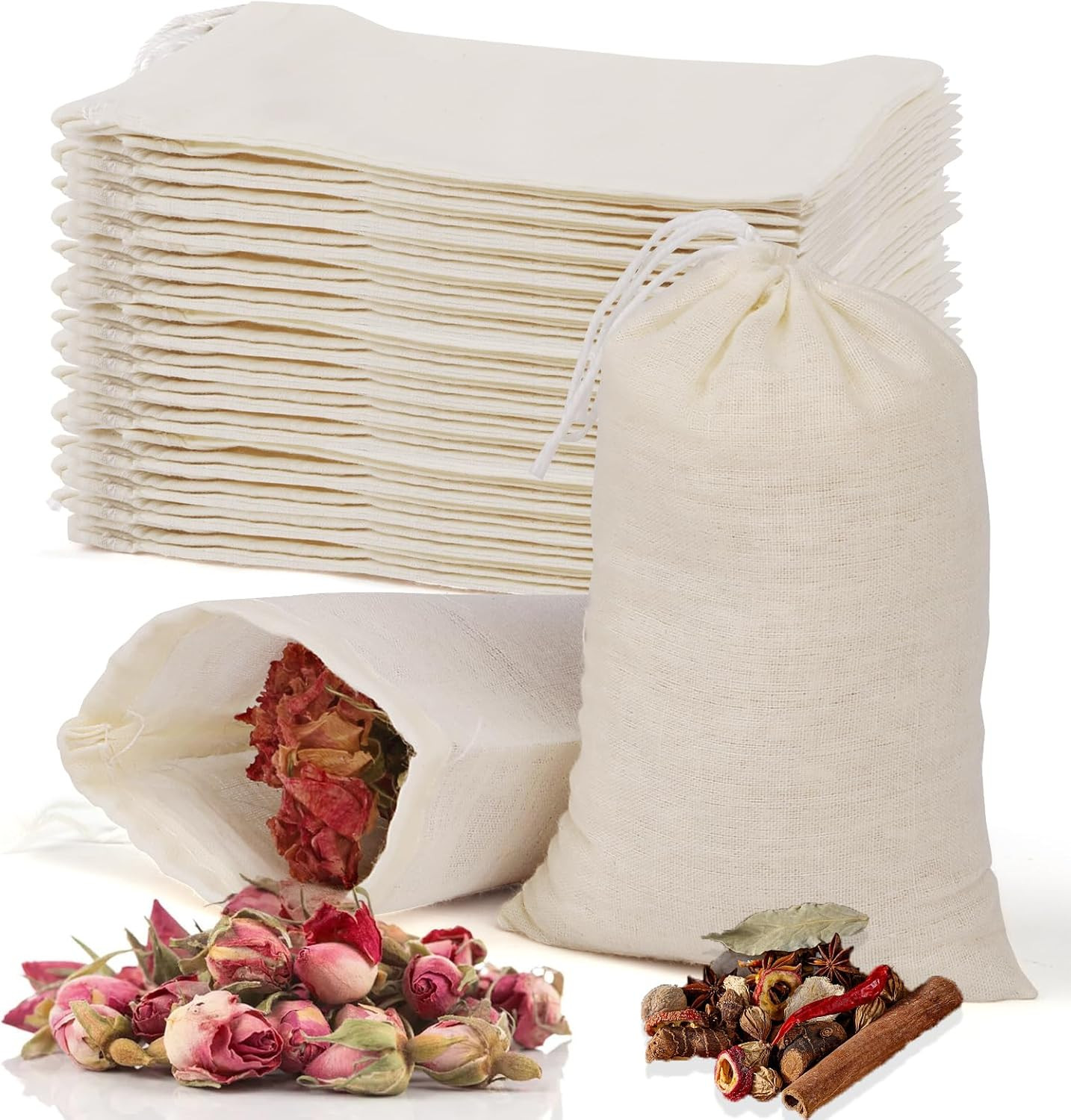 60 Pcs Empty Spice Bags for Cooking Soup, 3X4 in Natural Muslin Drawstring Bag,