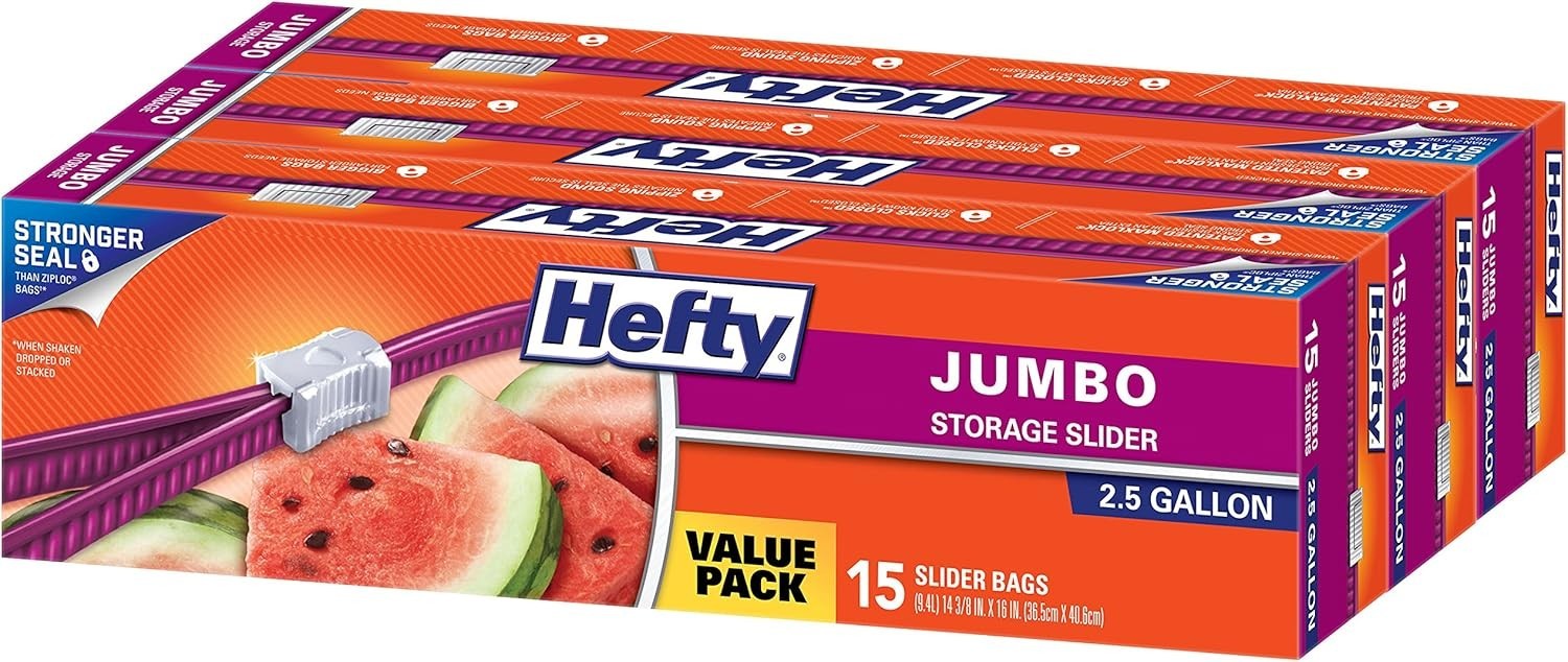 Hefty Slider Jumbo Storage Bags 2.5 Gallon Size 15 Count Pack 12 or 45 Total