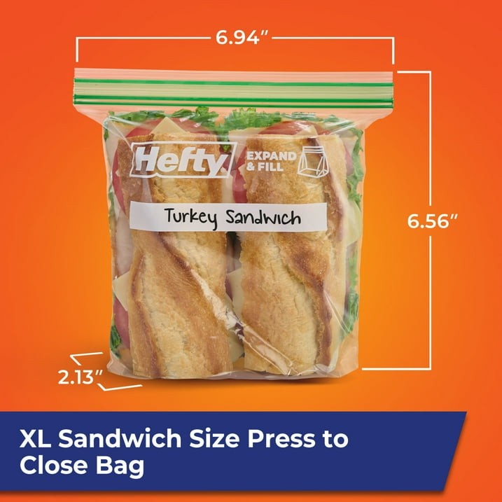 Hefty Press to Close Extra Large Sandwich Bags, 100 Count