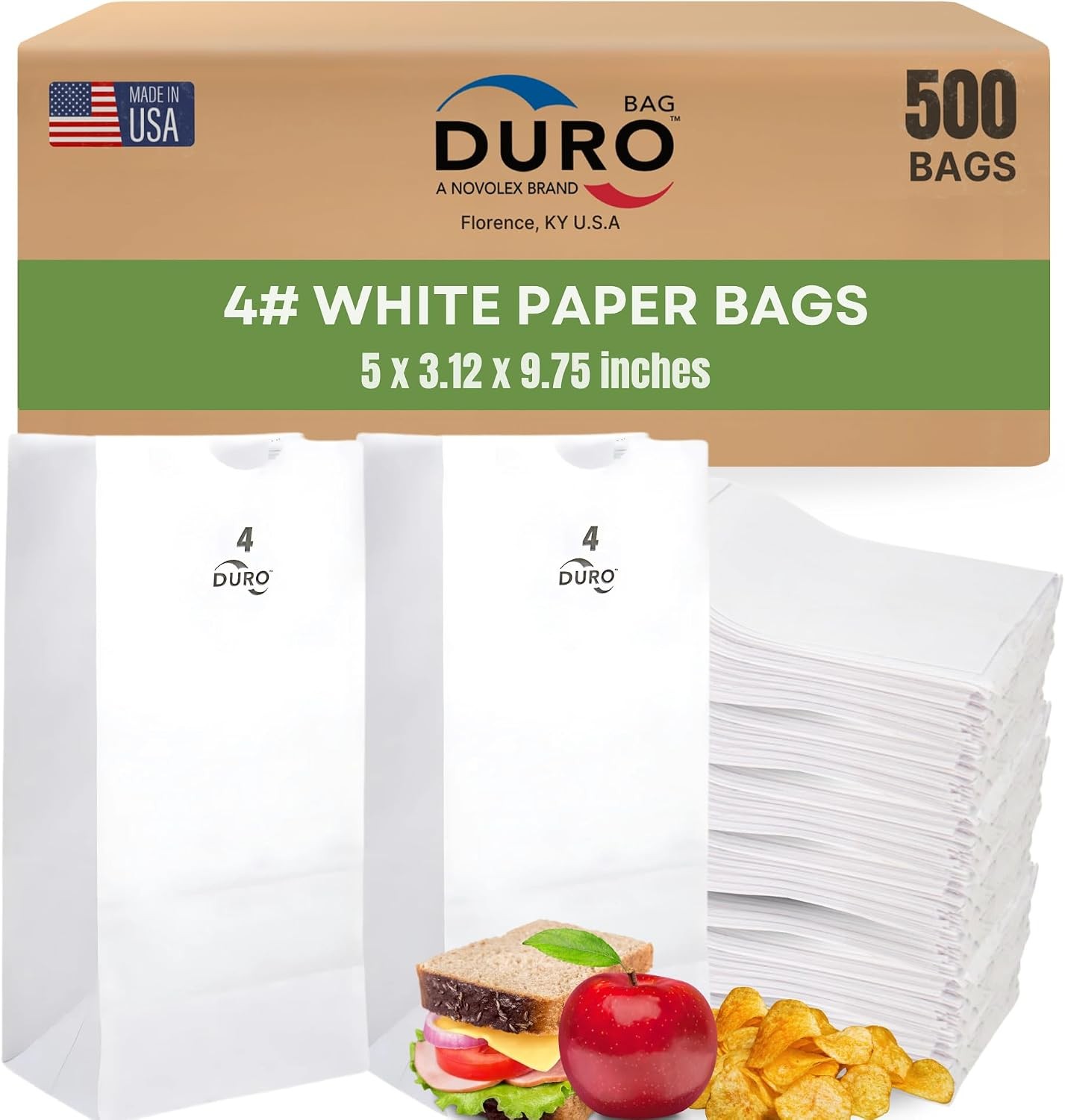 Duro 4# White Paper Lunch Bags 500-Count, Bulk Disposable Paper Bags, Small SOS