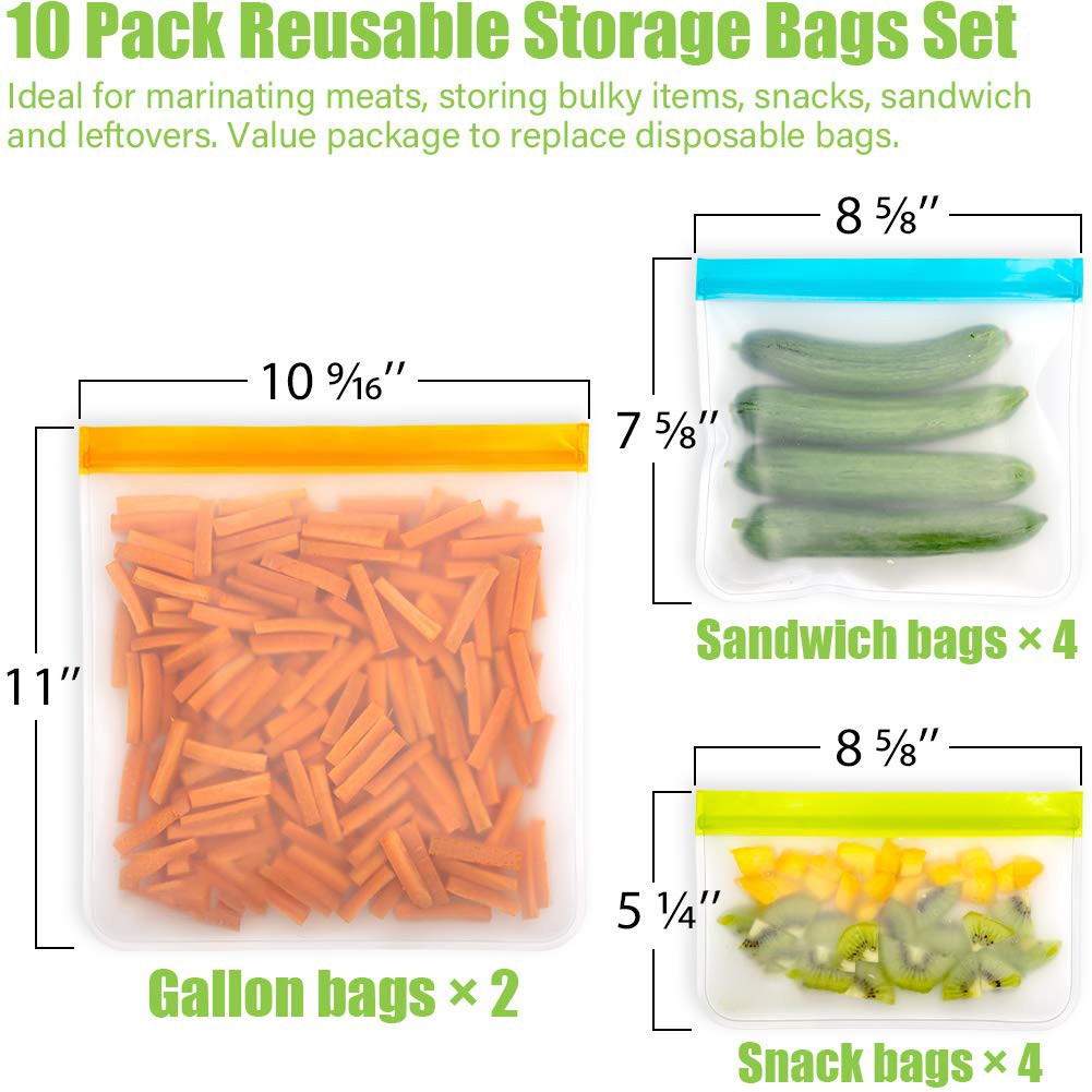Food Grade Reusable Storage Bags 10 Pack, Thick Leakproof Silicone Freezer Bags