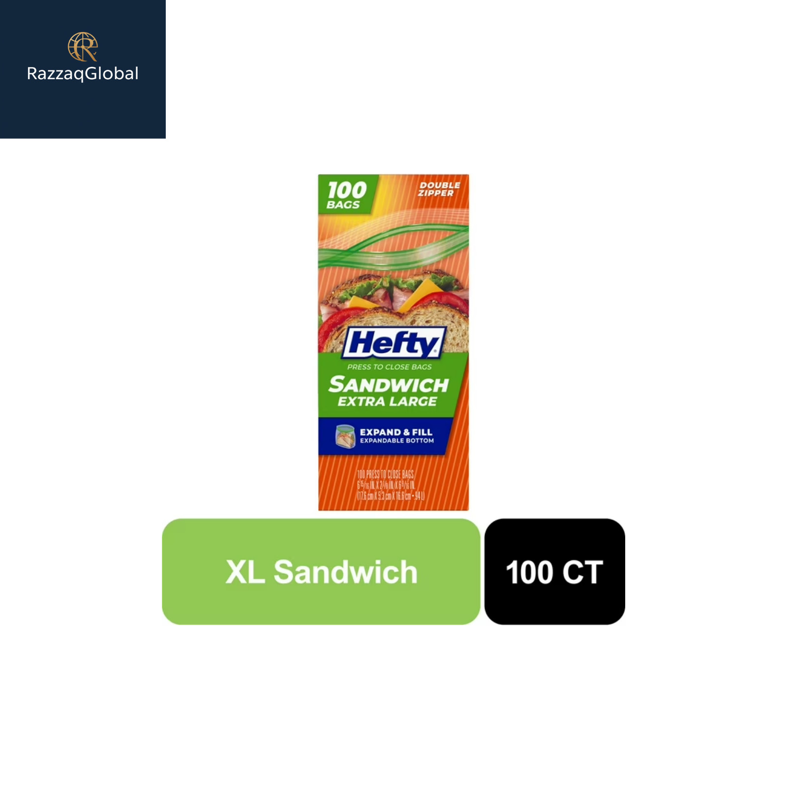 Hefty Press to Close Extra Large Sandwich Bags, 100 Count