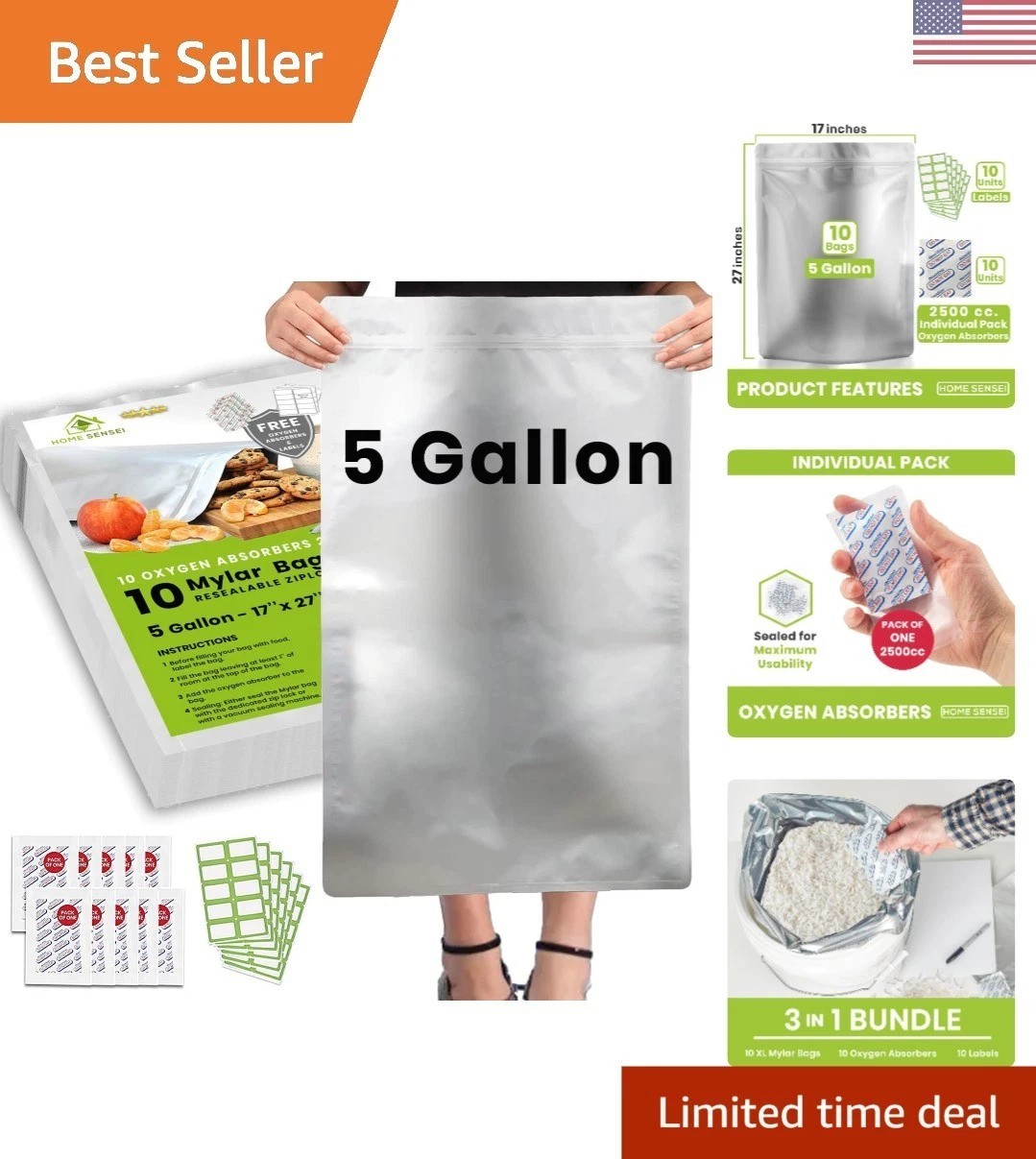 10 Resealable Mylar Bags – 5 Gallon Capacity with Oxygen Absorbers for Food