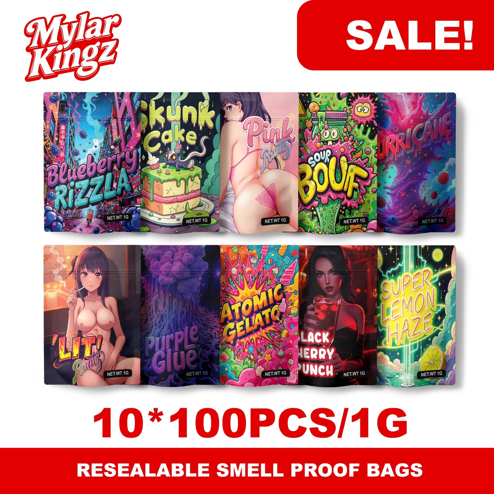 1000pcs Random Mylar Bags 1g ｜100pcs*10pack (10designs) ｜Holographic｜｜Resealable