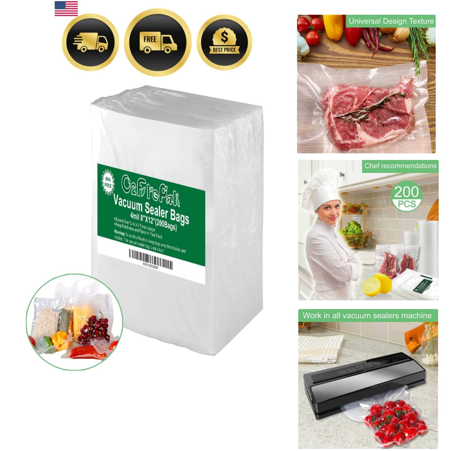 200 Quart Size 8″ x 12″ 4mil Thick Vacuum Sealer Bags with BPA Free and Punct…