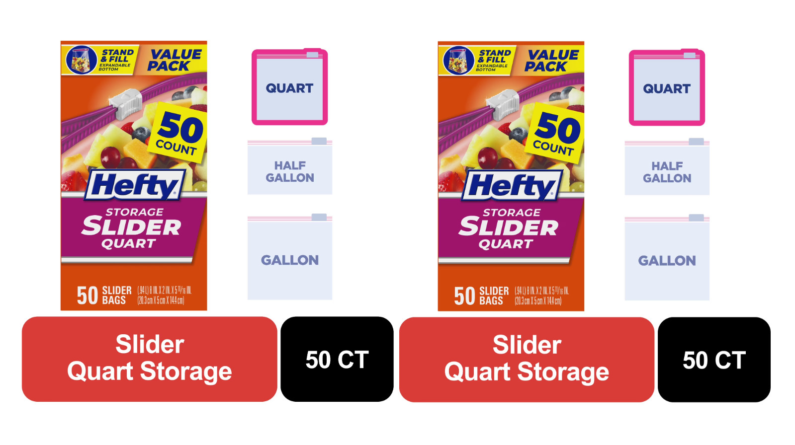 Hefty Slider Kitchen Storage Bags, Quart Size, 50 Count, pack of 2