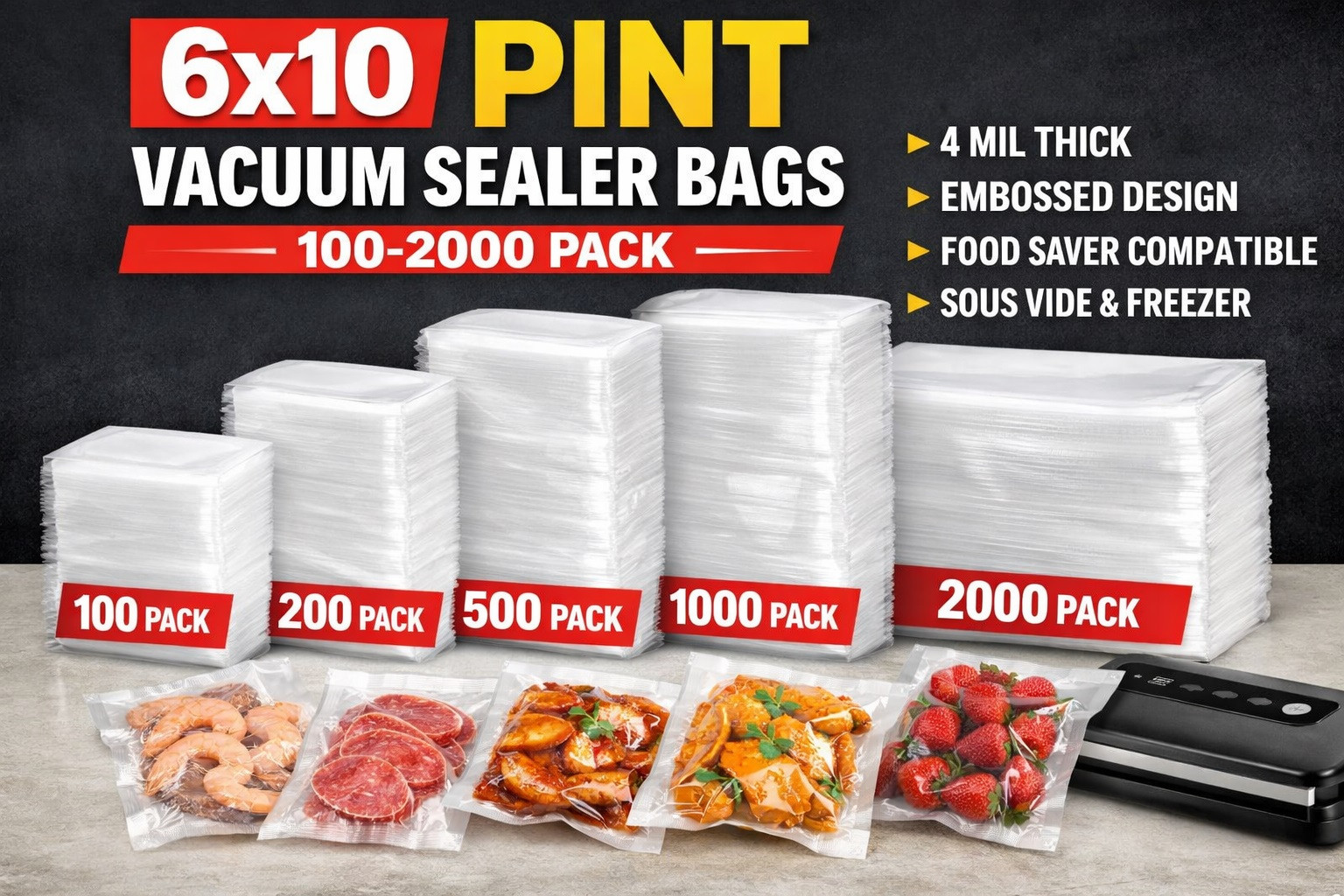 6×10 Vacuum Sealer Bags 100-2000 Pack 4 Mil Embossed Vacuum Seal Bags Food Save