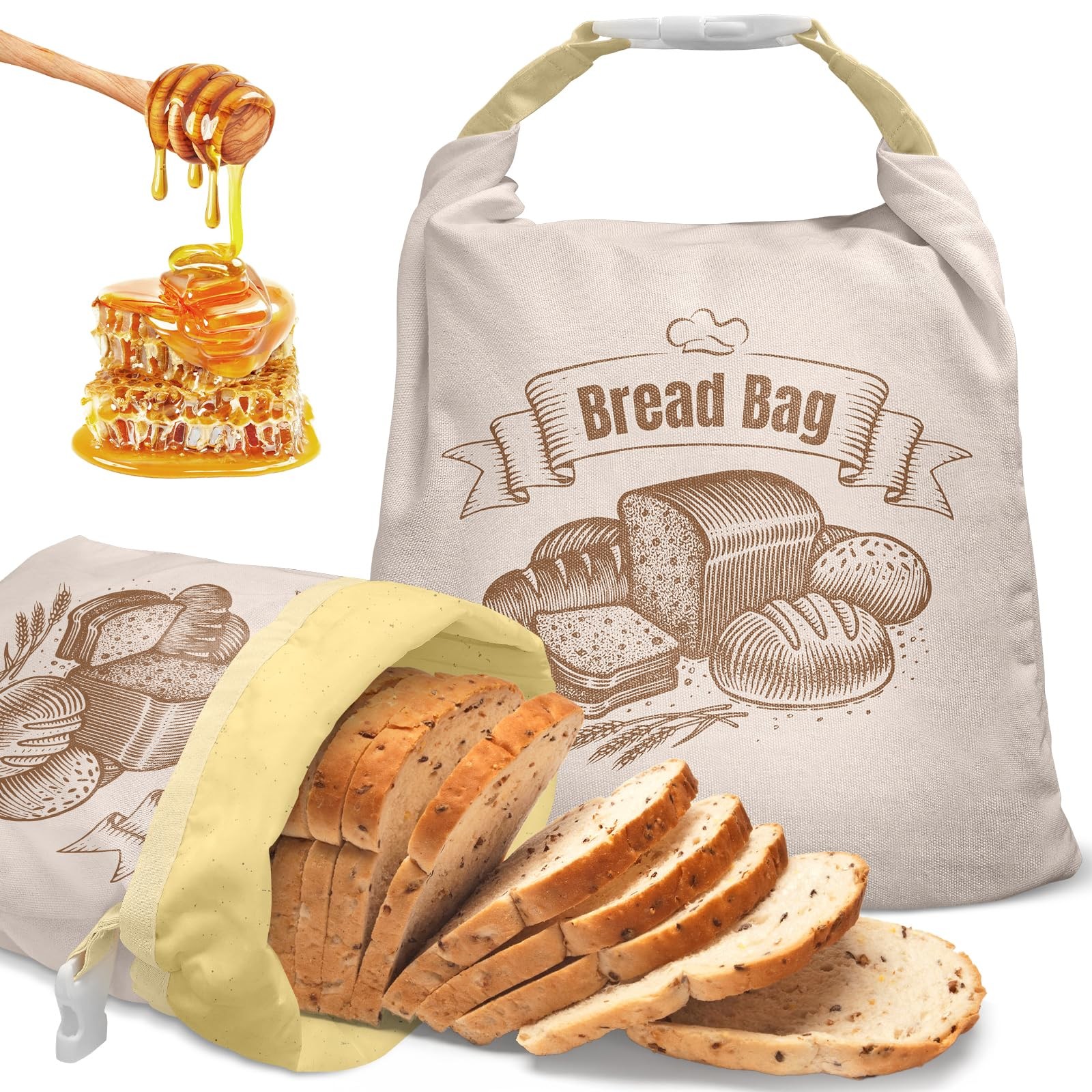 Cotton Beeswax Bread Bag (2 Pack) Reusable Double-Lock Freezer Safe for Homem…