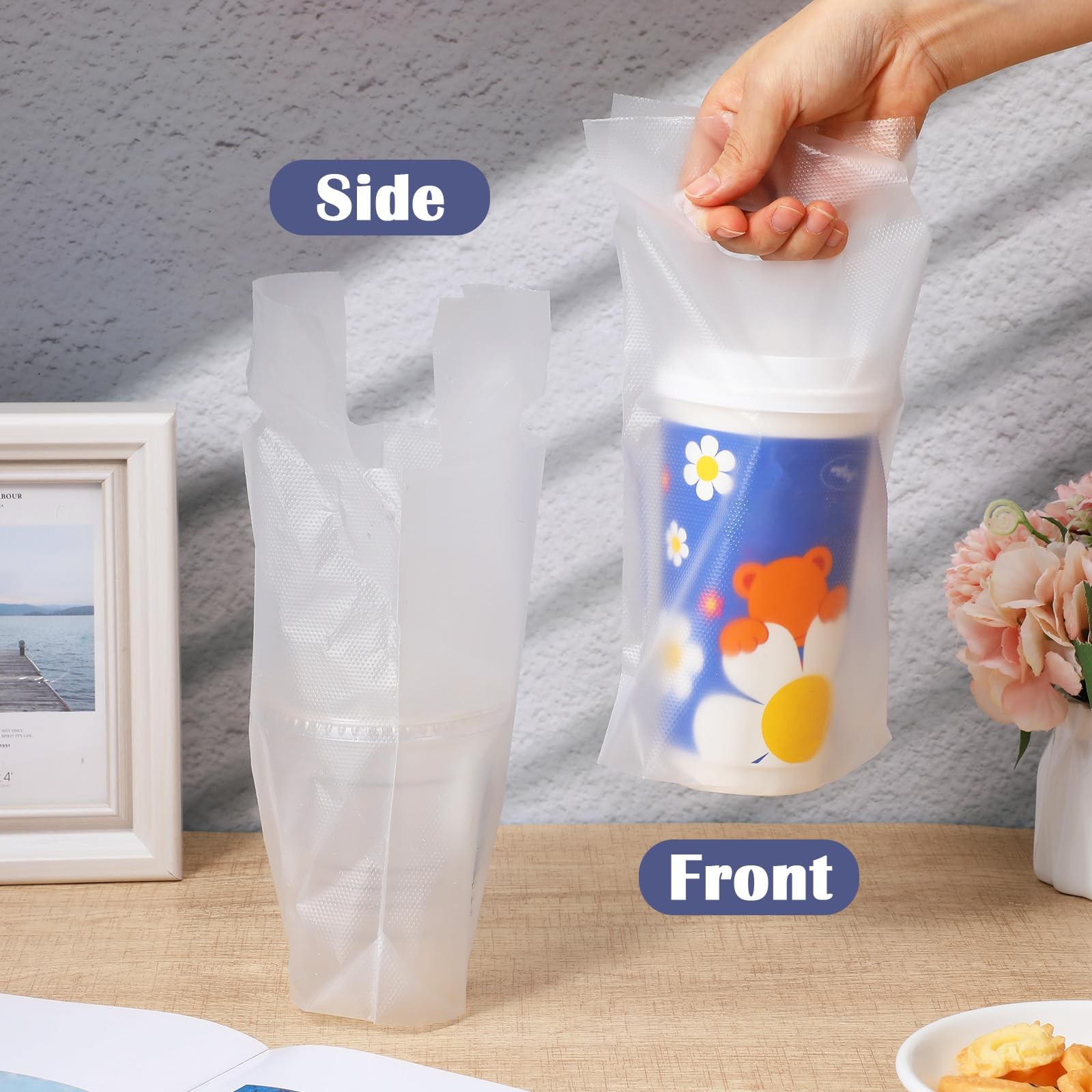 1000 PCS Clear Cup Carrier Delivery Plastic Bag Single Handle Portable 6×11