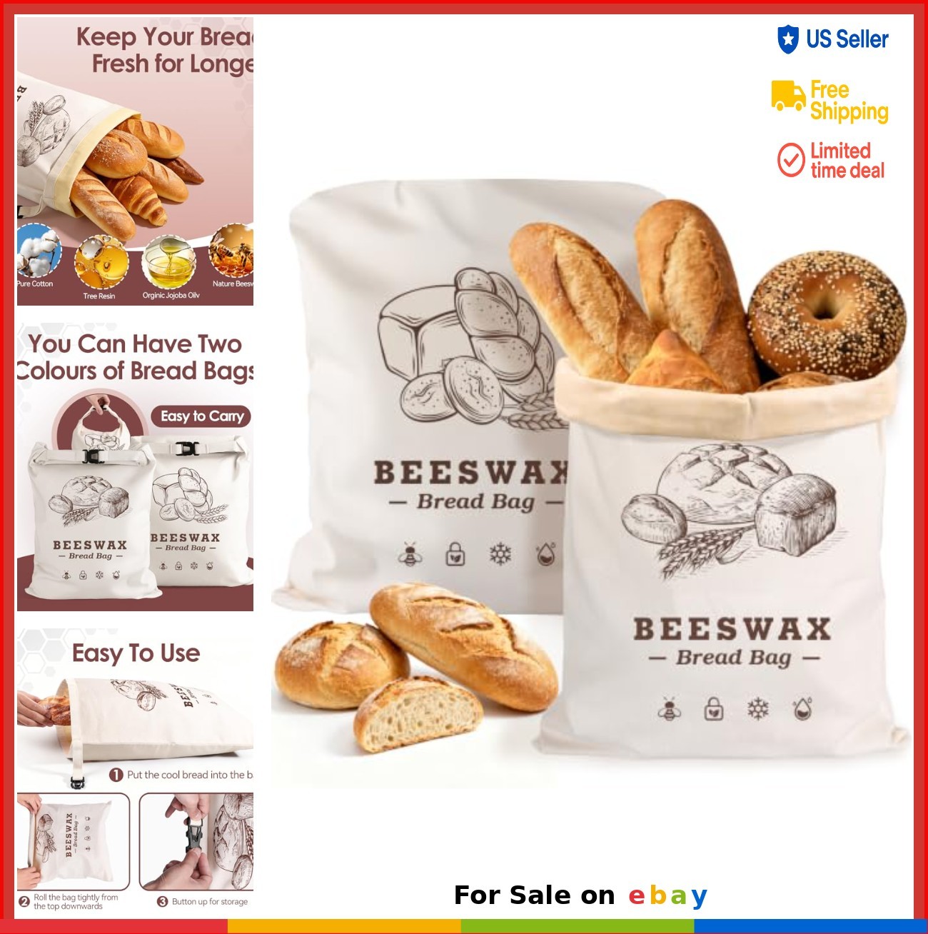 Beeswax Bread Bags Extra Large 2 Pack 17×13 Inches Reusable Sourdough Storage