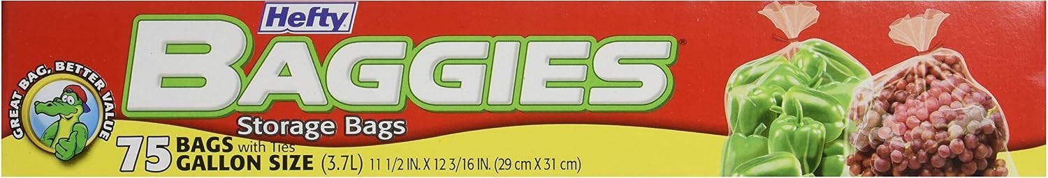 HEFTY BAGGIES 2 LOT Food Storage Gallon Size Bags 75 Count + Twist off Ties