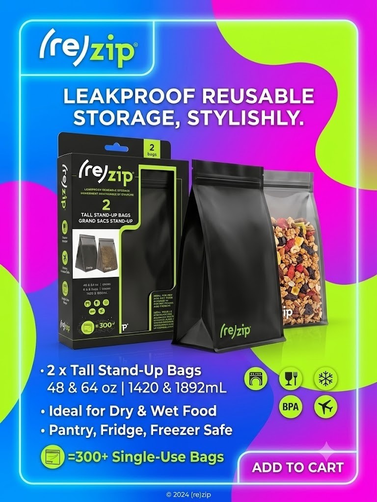 (re)zip Leakproof Reusable Stand-Up Storage Bags – 48 oz & 64 oz Tall Bag Set