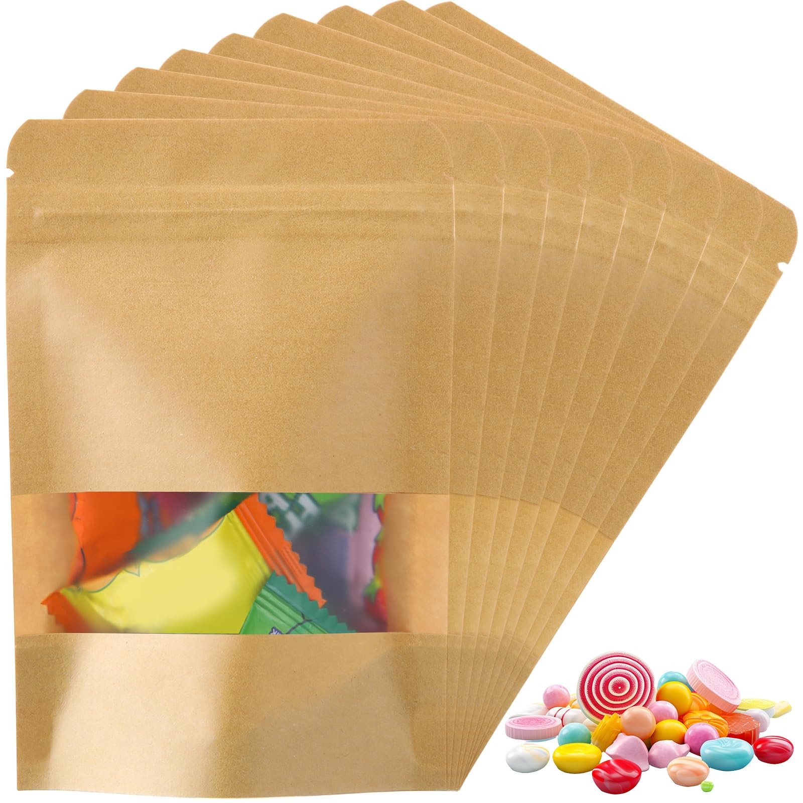 150 Pcs Stand up Kraft Pouches with Window 4 x 6 Inch Kraft Paper Sealable Po…