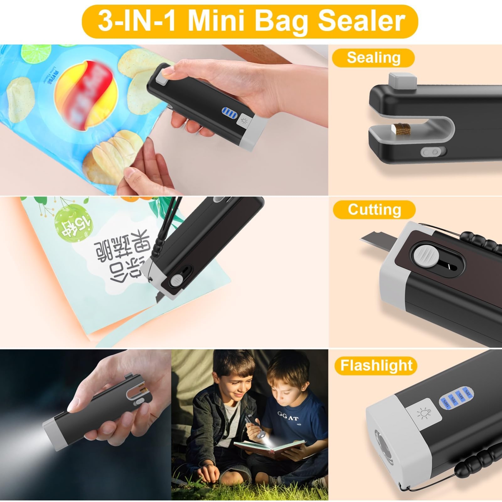 3-in-1 Mini Bag Sealer & Cutter, USB-C Rechargeable Heat Seal for Food Storage,