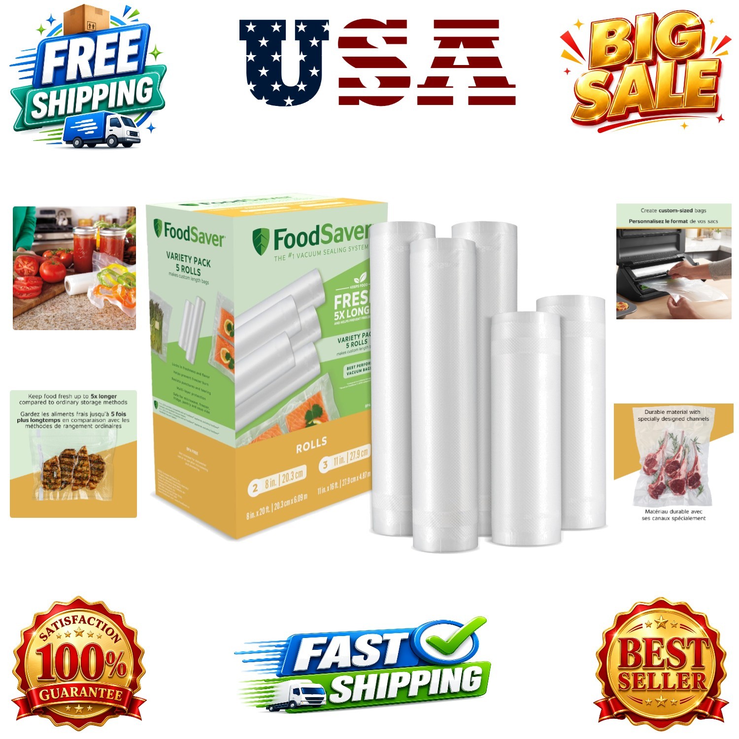 Custom Length Vacuum Sealer Bags Multipack, 5 Count Rolls for Airtight Food S…