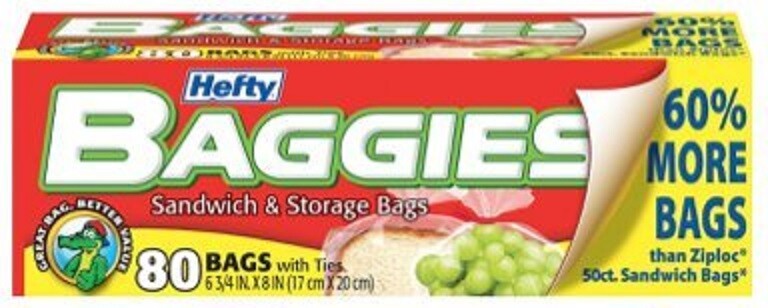 Brand New Hefty Baggies Sandwich Sized Count of 80 with Ties