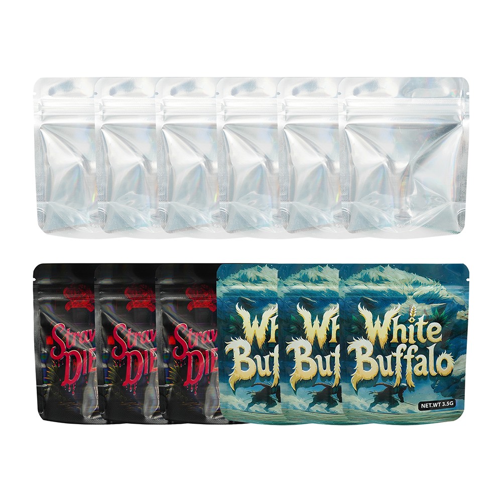 3.5g Printed Holographic Mylar Bags 4x5in Resealable Stand Zipper Pouches White