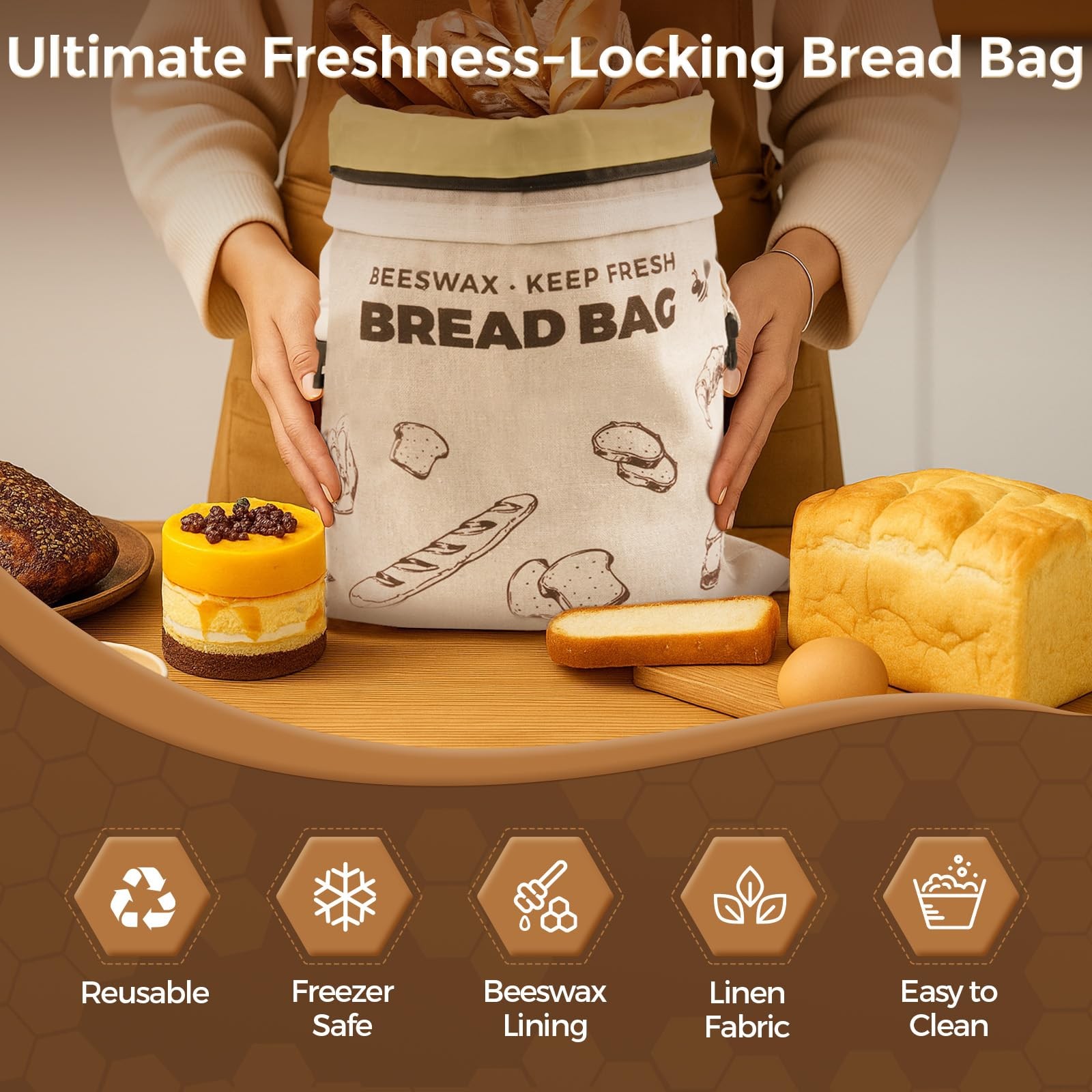 YARRAMATE Reusable Beeswax Bread Bags for Homemade 17X13 Inches, Brown