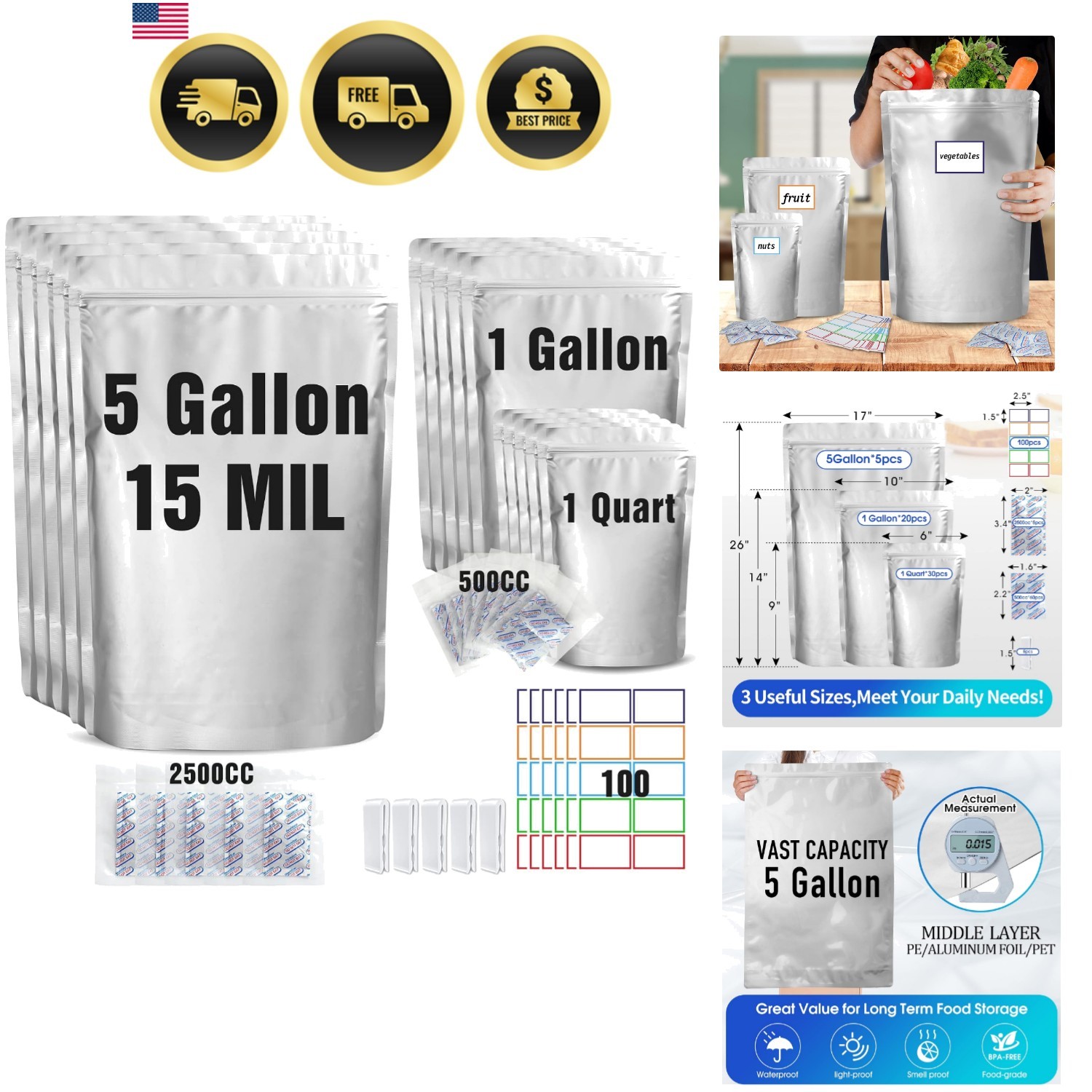 15 Mil 5 Gallon Mylar Bags for Food Storage with 2500cc Oxygen Absorbers – 55…