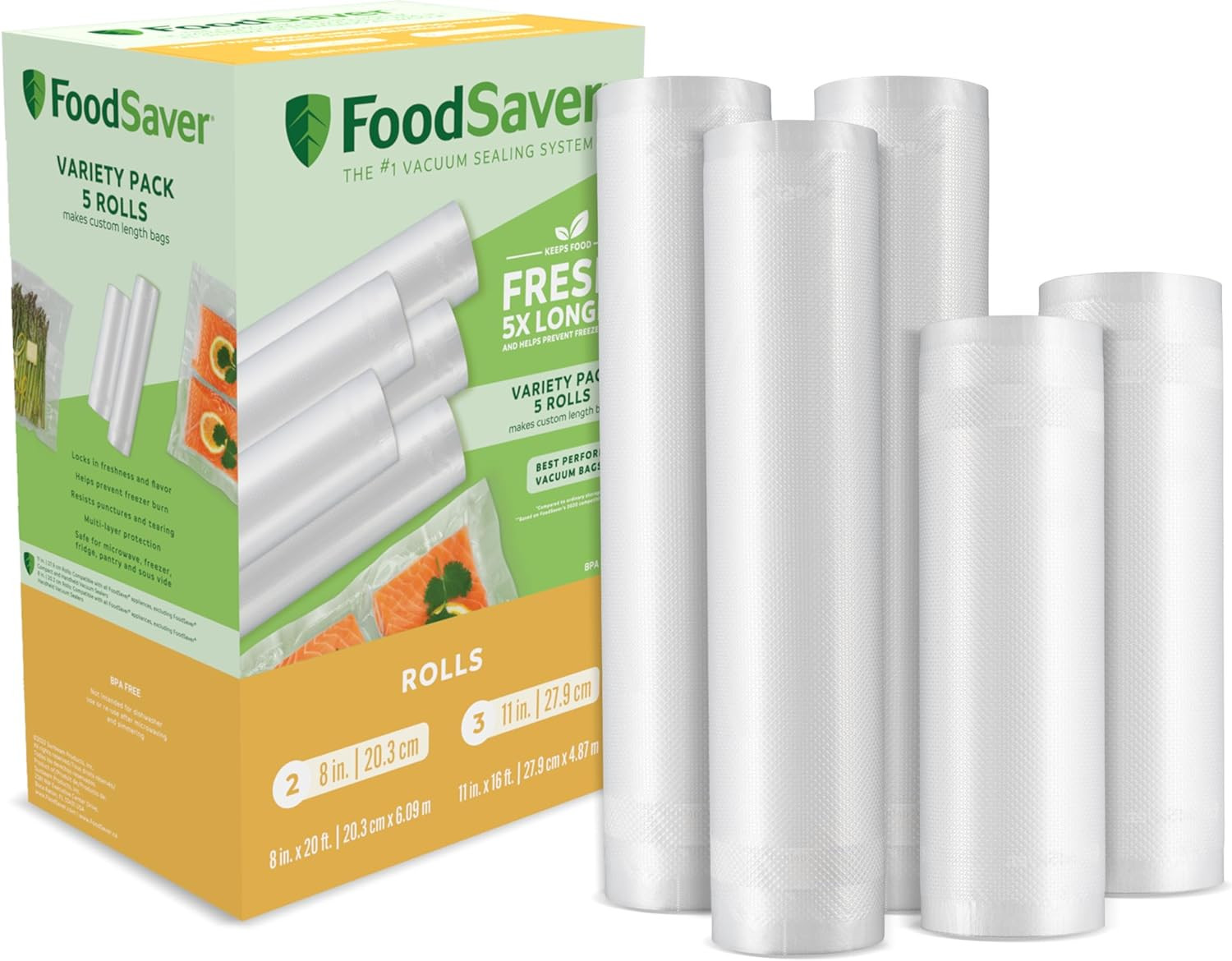 Foodsaver Custom Length Vacuum Sealer Bags Multipack, 5 Count Rolls for Airtight