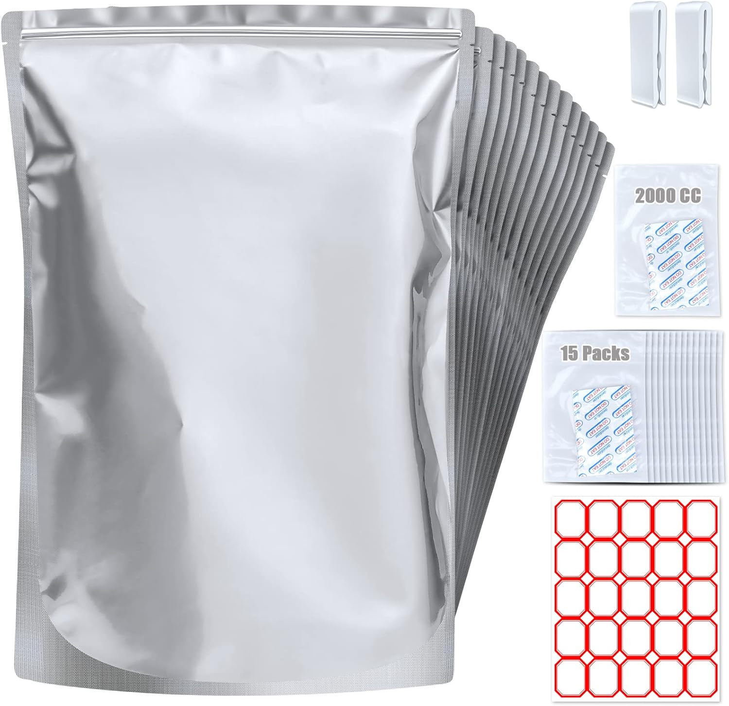15‑Pack 5‑Gallon Mylar Bags 10.5 mil + 15×2000cc Oxygen Absorbers