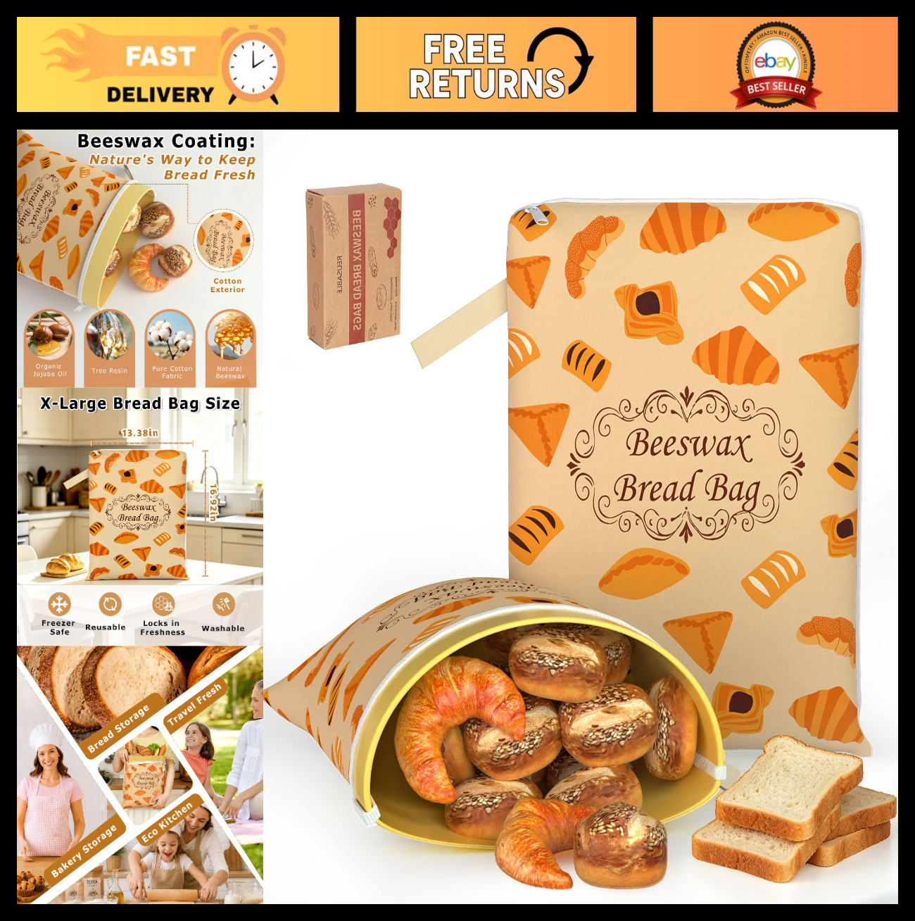 2 Pack XL Reusable Cotton Beeswax Bread Bags with Zipper & Handle – Washable, Fr