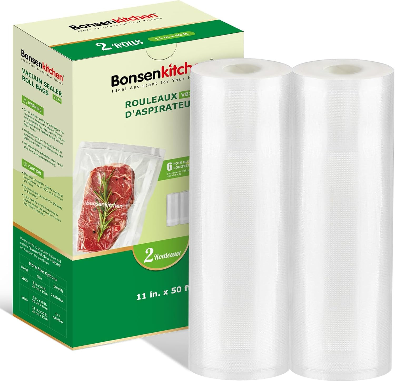 Vacuum Sealer Bags Rolls, 11 in X 50 Ft Rolls 2 Pack Durable Food Sealer Bags, C