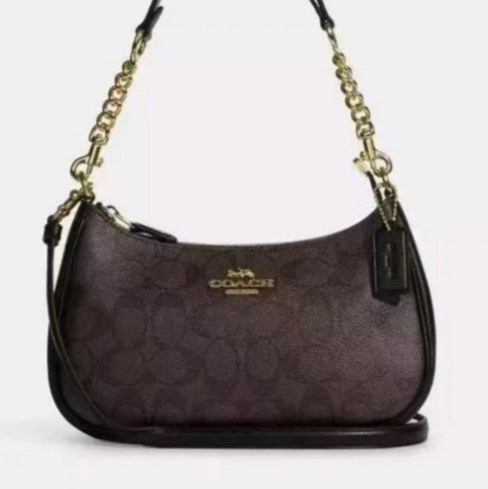 NEWCA548 Teri Shoulder Bag In Signature Canvas/Gold/Walnut/Black Free Shipping