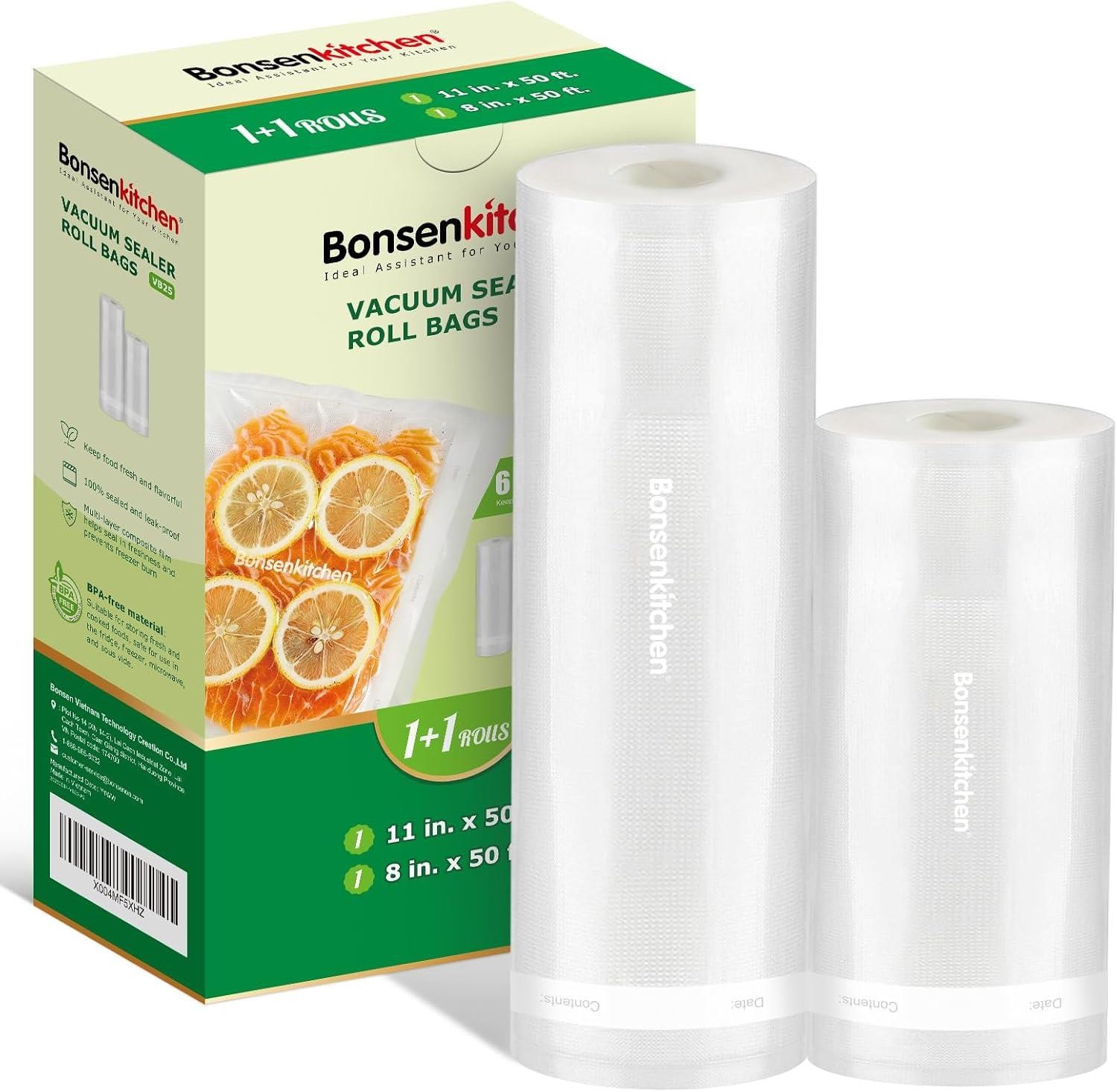 Bonsenkitchen Vacuum Sealer Bags Rolls, 11In X 50Ft & 8In X 50Ft Durable Food Se