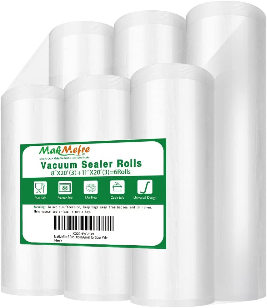 6 Pack 8″x20′(3Rolls) and 11″x20′ (3Rolls) Vacuum Sealer Bags Rolls for Food,Com
