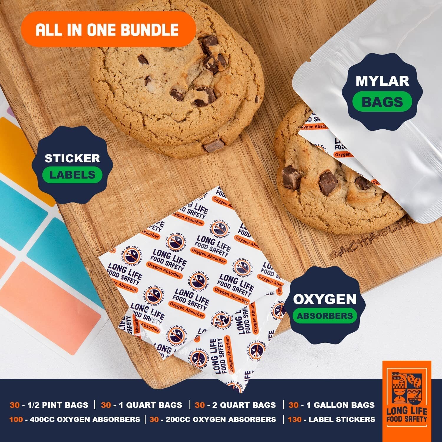 MYLAR BAGS Multi-Size Bundle 120 Ct For Food Storage w/ Oxygen Absorbers, Labels